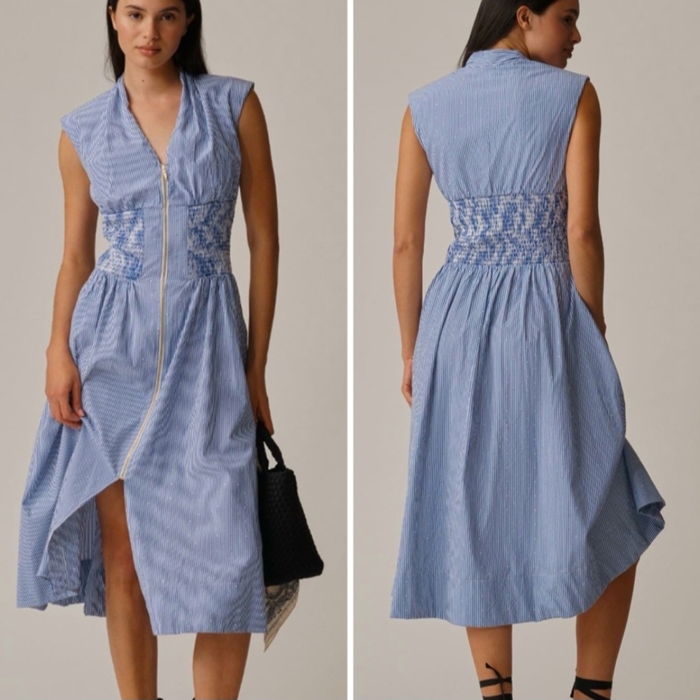 NWT Anthropologie Blue Tommie Cap Sparkle Zip-Front Midi Dress